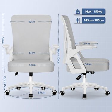 Ергономічне крісло для офісу, крісло для робочого столу з підйомними підлокітниками, регульована поперекова підтримка, офісне крісло для керівника, поворотне крісло, сітчасте крісло з функцією гойдання до 125° (Сірий, без підголівника)