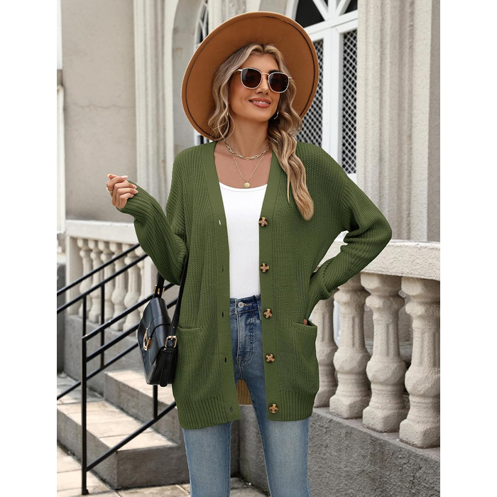Жіночий в'язаний кардиган Zeagoo з довгим рукавом, вільний крій, V-подібний виріз, грубий в'язання, на кнопках, для осені/зими (зелений, S)
