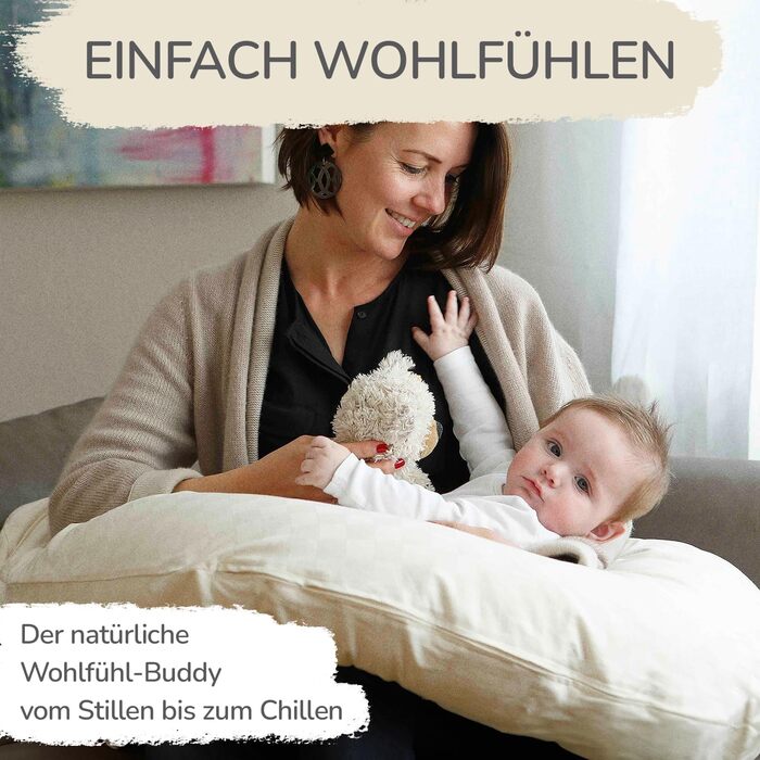 Minky Mooh Stillkissen XXL Organic Cotton with Kapok Filling | Large pillow for breastfeeding and bottle feeding | Pregnancy pillow side sleeper pillow | hypoallergenic and quiet | 190x30 cm, creme