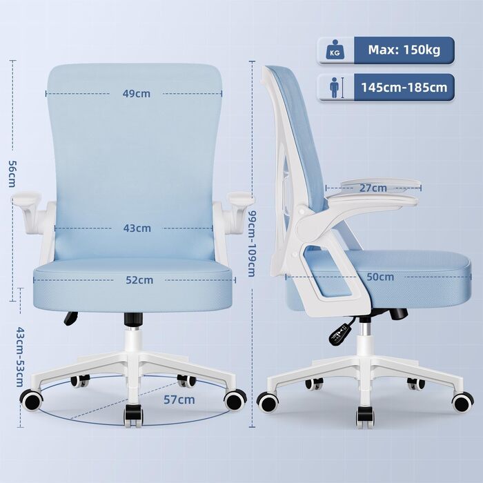 Ергономічне крісло для офісу, крісло для робочого столу з підйомними підлокітниками, регульована поперекова підтримка, офісне крісло для керівника, поворотне крісло, сітчасте крісло з функцією гойдання до 125°, (Синій, без підголівника)