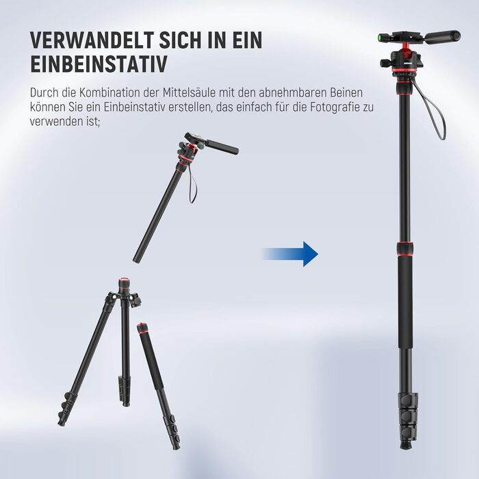 Штатив-монопод NEEWER BASICS TP08 для DSLR та відеокамер, компактний легкий штатив для подорожей з 360° кульковою головкою, Arca-типом швидкої зміни та реверсивною центральною колоною, навантаження до 6 кг