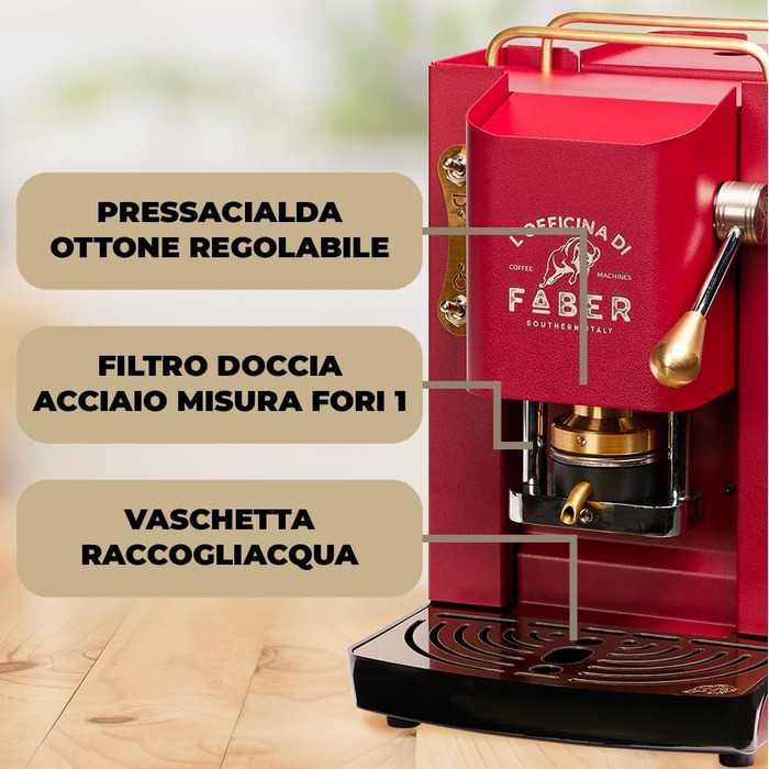 Faber Pro Deluxe Brass Coffee Machine with Waffles from Ese Paper 44 mm (Cherry Red) + 50 Waffles Ritz Café Unique Blend