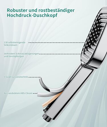 Душова лійка з фільтром Doppelfilter, високий тиск, 5 режимів, антикальцій, ручна та тропічний душ (срібло)