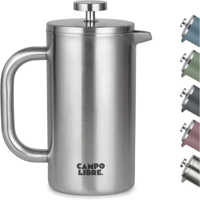 Campo Libre.® Giorgio. French Press Coffee Maker made of double-walled stainless steel, 0.6l | Plastic-free coffee press with thermal function including replacement filter | Coffee maker | 100% recycled stainless steel, 600ml, Matt Steel