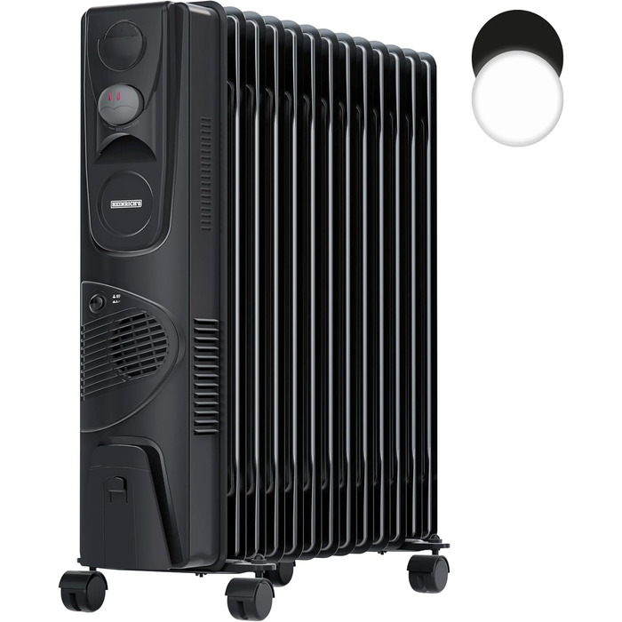 Електричний масляний радіатор Heinrich з 13 ребрами, 2500W, з вентилятором, терморегулятором, захистом від перегріву та нахилу, чорний
