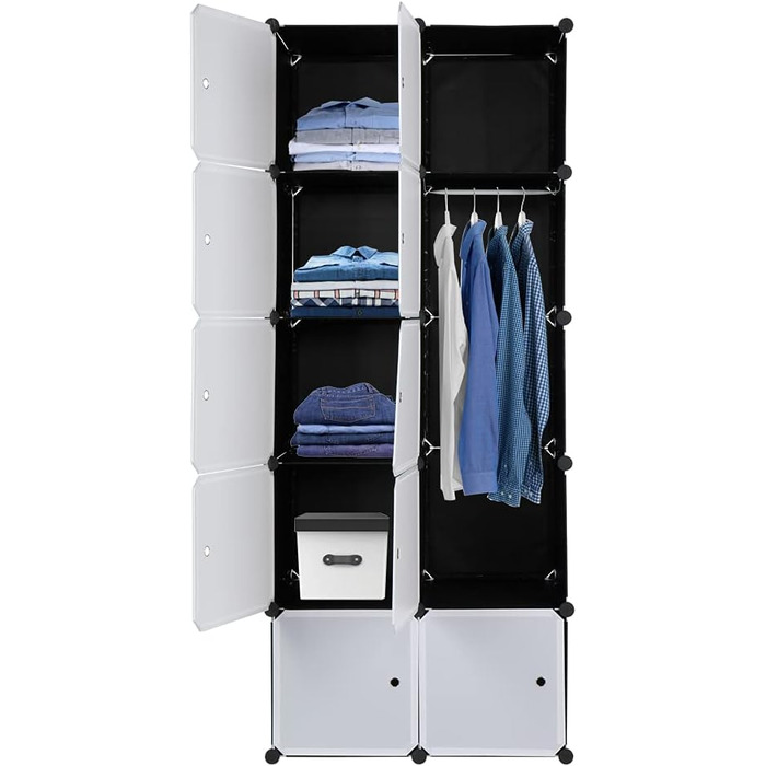 Regal system, 10 cubes, plastic wardrobe with doors, modular cabinet for space-saving storage, 70 x 45 x 175 cm, white door & black cabinet, for storing clothes, shoes, etc.