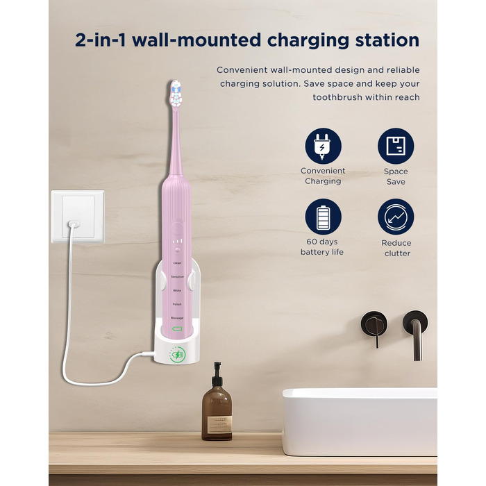 Електрична звукова зубна щітка для дорослих та дітей, 5 режимів чищення, 3 рівні інтенсивності, таймер, 8 насадок, чохол для подорожей, чорний (1 шт.)