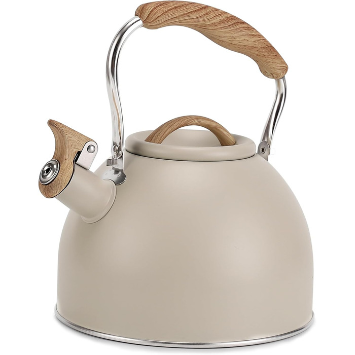 Чайник для плити Vegoran 3 літри, з гучним свистком, з нержавіючої сталі з дерев'яним декором, з клапаном, для чаю, кави, молока (зелений)