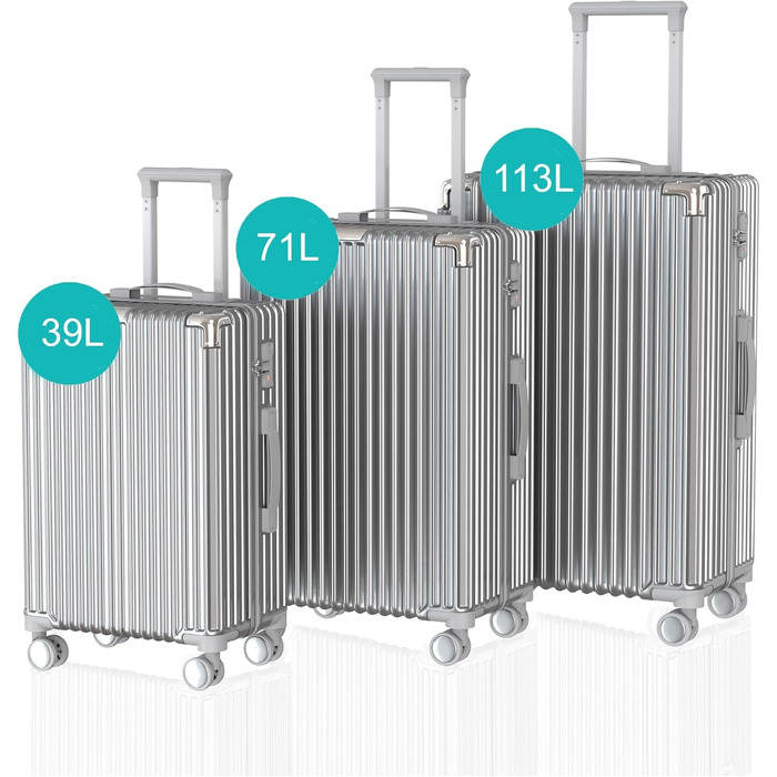 Набір валіз Voyagoux 3 в 1: 39L, 71L, 113L, з жорстким корпусом, TSA-замком, ABS, 4 колеса 360°, сріблясті, міцні та легкі
