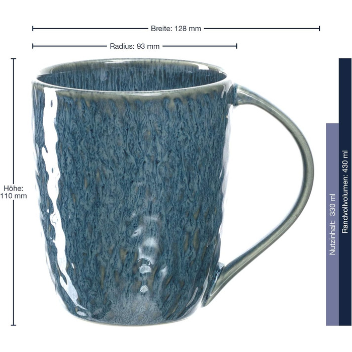 Leonardo Matera Ceramic Mug Set, 2-piece, dishwasher-safe coffee mugs, 2 microwave-safe tea mugs, glazed cups, blue, 430 ml, 026996