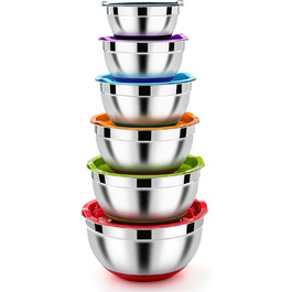 Homikit Mixing Bowl Set, Stainless Steel Bowl Salad Bowl 6-Piece Set with Airtight Lid & Silicone Bottom, Nesting, Dishwasher Safe, 4.6 L / 2.8 L / 2.5 L / 1.6 L / 1.2 L / 0.7 L