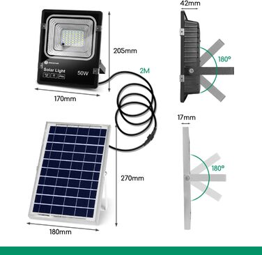 Aigostar 50W Solar Flood Light Outdoor, Super Bright LED Floodlight with Solar Panel, Cool White 6500K, IP66 Protection Grade Solar Spotlight Searchlight Outdoor Spotlight for Garden, Door, Yard, Garage, etc., 2 Pieces