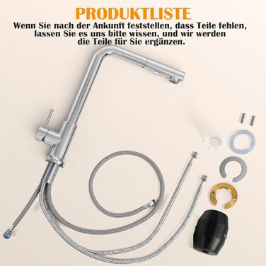 Змішувач кухонний висувний з душем, 360° поворотний, 2 режими розпилення, високий тиск, нержавіюча сталь (срібло)