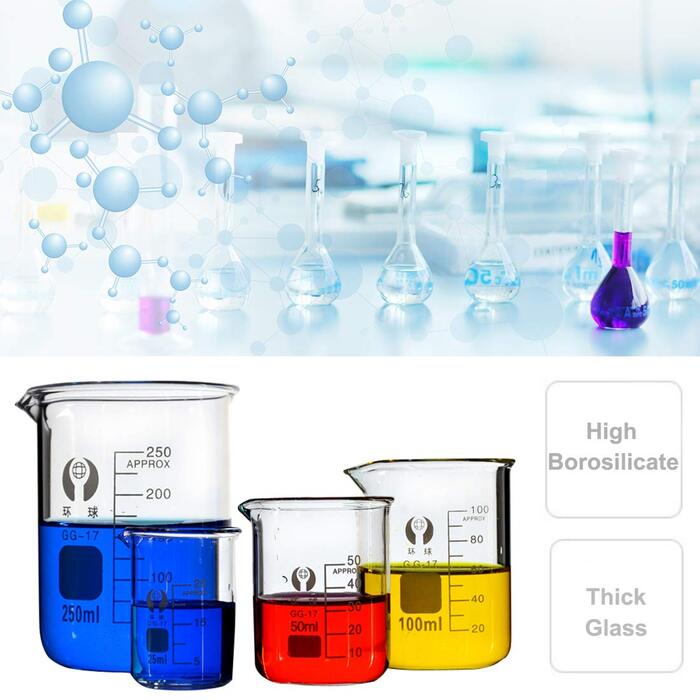 Borosilicate Glass Beaker Set, JESSTOLO 3-Piece Thick Glass Graduated Beakers with Clear Spout 50ml 100ml 250ml, 3 Glass Pipettes, 3 Washing Brushes, and 2 Glass Rods, for Laboratory Research Medicine