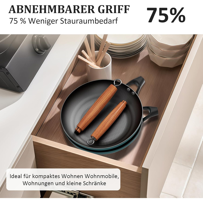 Набір сковорідок YUTANN 3 шт. з чавуну, з антипригарним покриттям, знімний дерев'яний ручка, для газової плити, індукції, духовки, без PFAS/PFOA, легко миються, блакитний