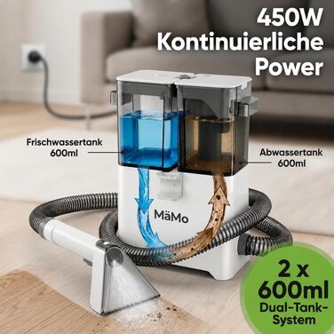 Пилосос для м'яких меблів та килимів V9 450W з функцією вологого прибирання, щіткою для шерсті тварин та системою самоочищення (білий)