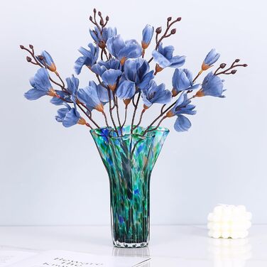 Ваза 22,9 см блакитно-зелена, виготовлена з ручного видутого скла, сучасний дизайн, широке горлечко, ідеальна для квітів та декору, для вітальні, кухні, весілля, офісу