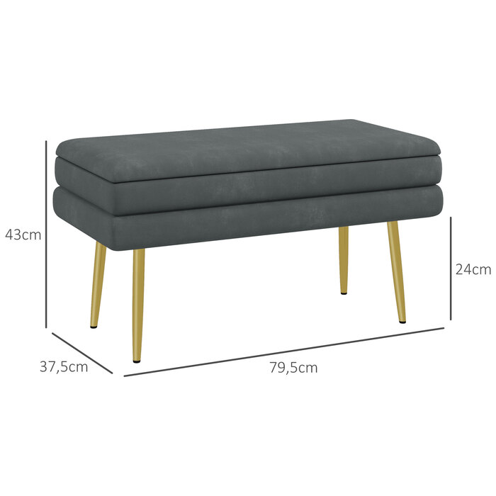 HOMCOM Bench with Cushion and Storage in Grey, Velvet-Look, Bed Bench with Steel Legs, Shoe Bench for Living Room & Bedroom 79.5x37.5x43cm