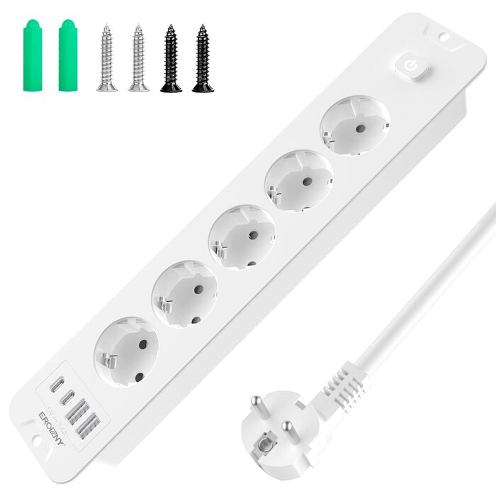 Мережевий адаптер з 2 USB-C (PD 20W) та 1 USB-A, 3 розетки з вимикачем, захист від перенапруги, кабель 1.5м (розподільник для столу)