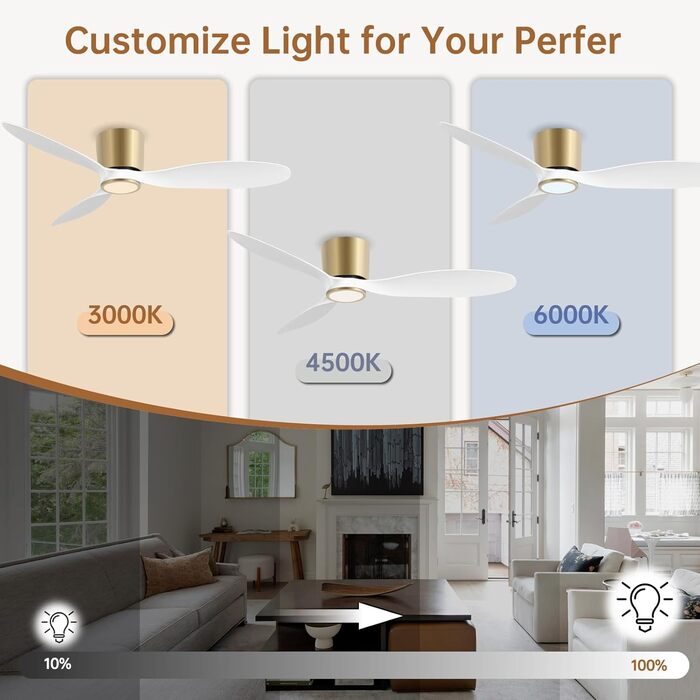 Ovlaim Стеля-вентилятор з підсвічуванням та пультом дистанційного керування, Smart вентилятор, зимовий режим, DC мотор, сумісний з Alexa/Google Home, 142 см (кришка, біле золото)