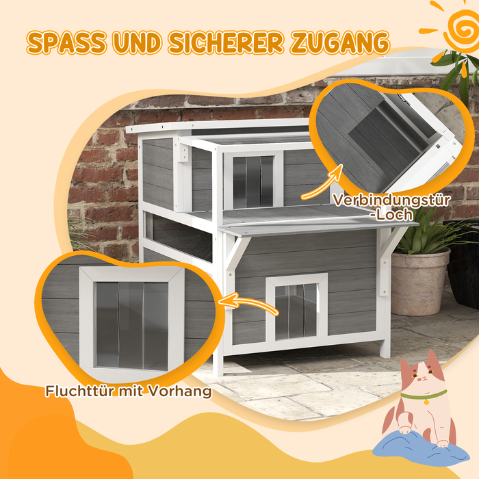 PawHut Cat Cave, Pine Wood Cat House, Cat House with Balcony, Entrances, for Cats up to 5 kg, Outdoor, 64 x 87 x 76 cm, Light Gray | Aosom