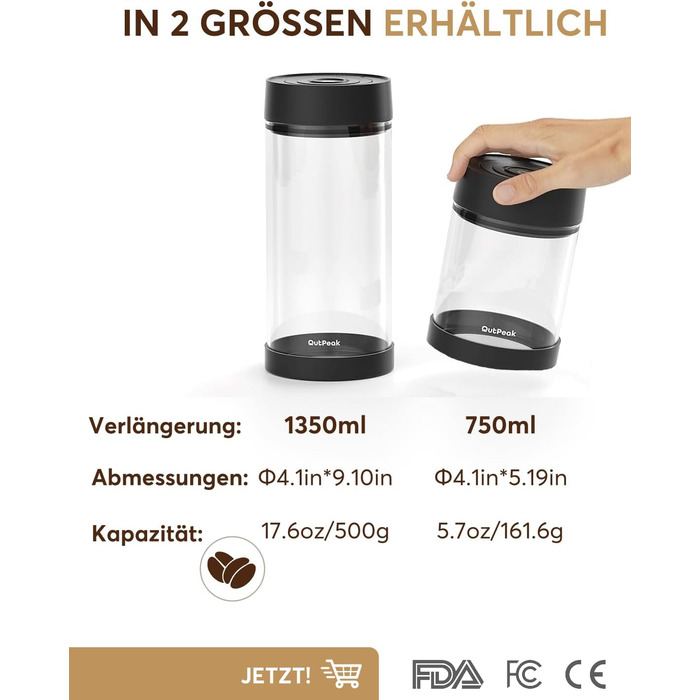 OUTPEAK 2025 Kilo Auto Вакуумна кавова банка 1,8L для 601.0 г кавових зерен, автоматичне управління, нержавіюча сталь, з ложкою, 6-місячний запас (Barista Champion's Choice) (G750)