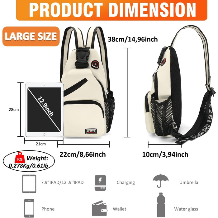 Сумка-слінг через плече для жінок та чоловіків. Рюкзак Oxford, Crossbody, спортивна сумка, Casual Daypack для подорожей, спорту та шопінгу (Білий)
