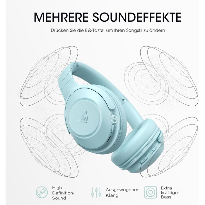 Бездротові навушники DOQAUS Bluetooth з тривалим часом роботи (70 годин), Over-Ear, Bluetooth 5.4, з кабелем, 3 режими EQ, HiFi стерео для подорожей/телефону/ПК (блакитні)