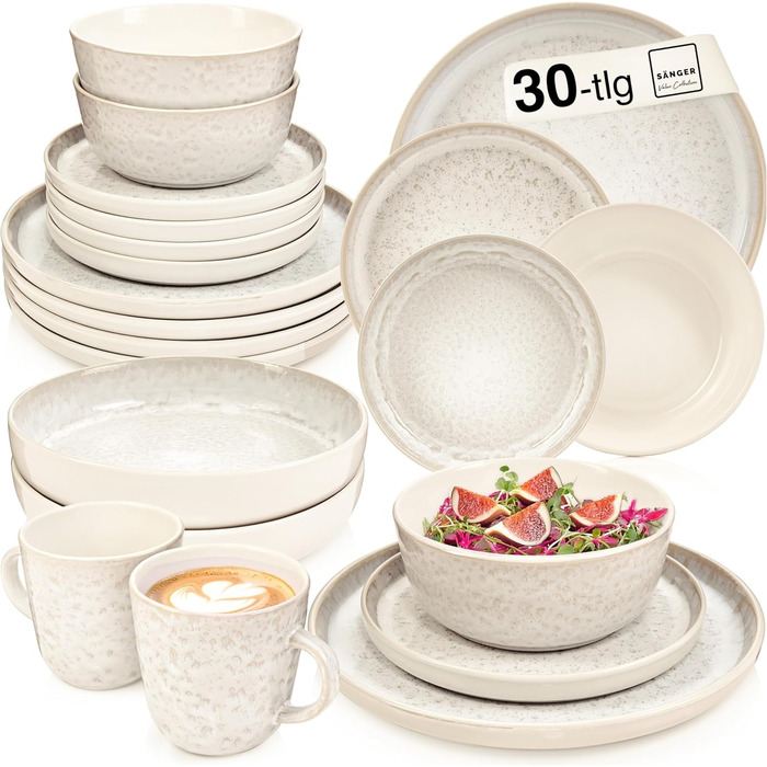 Набір посуду SÄNGER Key West 30 предметів: тарілки для 6 осіб, миски, чашки, серія VALUE COLLECTION, кремовий колір з пісочною текстурою