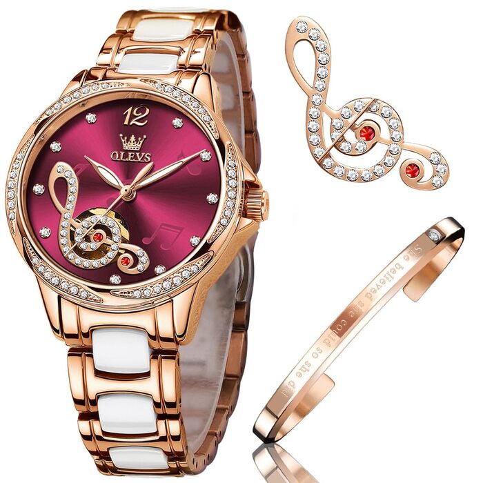 Годинник жіночий OLEVS з рожевого золота з серцем-діамантом, чорно-біле циферблат, кварц, водонепроникний, комплект з браслетом, годинники для жінок, 6656, винний колір