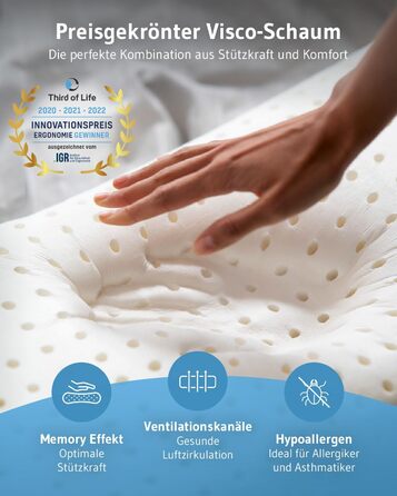 Side Sleeper Pillow ACAMAR, Third of Life - 2022 Innovation Award Winner, Orthopedic Neck Pillow for Neck Pain, Viscoelastic Memory Foam, Ergonomic Head Pillow with Thermo Cover White Thermoregulating Cover