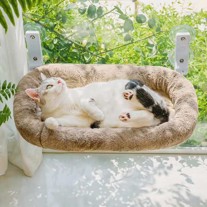 EWOOFUN Large Cat Hammock Window Perch - Removable Thick Cover - Foldable, Stable, 4 Strong Suction Cups, Holds 18kg (White), (Camel, M)