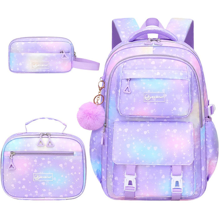 Шкільний рюкзак для дівчинки-підлітка 3 в 1, 2025, з ланч-боксом та пеналом, для ноутбука 15.6', гімназія, старша школа, подорожі - фіолетовий