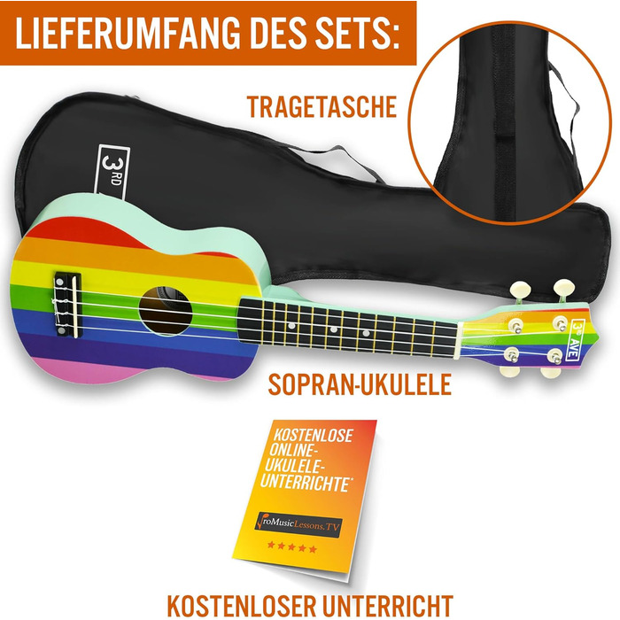 Укулеле 3rd Avenue Sopran 54 см (21 дюйм) – Початковий набір, сумка, підставка, ремінь, струни, медіатори та наклейки на гриф – Натуральний колір. Безкоштовні онлайн-уроки для початківців. Комплект включає інструмент та кольорові наклейки на гриф.