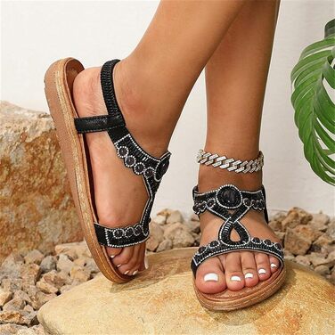 Босоніжки жіночі Slingback ортопедичні літні, стиль Boho, м'яка підошва, з устілкою, дихаючі, відкритий носок, для широкої ноги (халюс вальгус), чорні, 40 EU