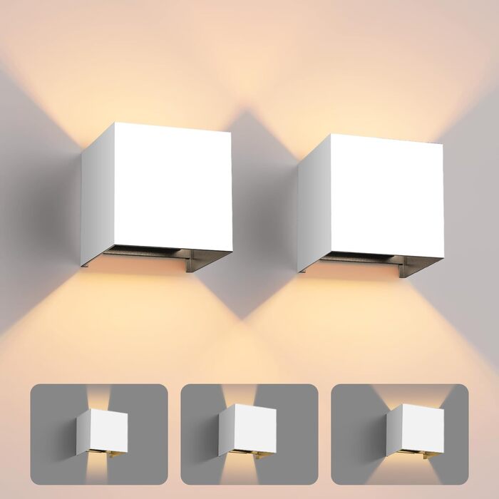 2 Pack LED Wall Light 12W, Indoor/Outdoor Aluminum Wall Lamp Adjustable Beam, 3000K Warm White Outdoor Wall Light IP54 for Living Room Bedroom Garden (White)