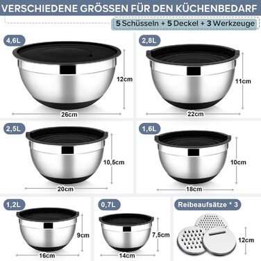 HaWare Mixing Bowl Set of 6, Stainless Steel Bowl Salad Bowl Set with Airtight Lid & 3 Grater Attachments, 4.6L/2.8L/2.5L/1.6L/1.2L/0.7L, Non-Slip Silicone Bottom & Dishwasher Safe, Black