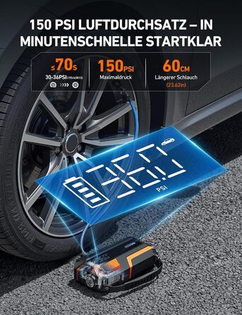 AstroAI MF16 6000A Powerbank для старту авто з компресором 150 PSI, 6000A, 12V, для бензинових/дизельних авто, мотоциклів, SUV, з LED-дисплеєм, помаранчевий