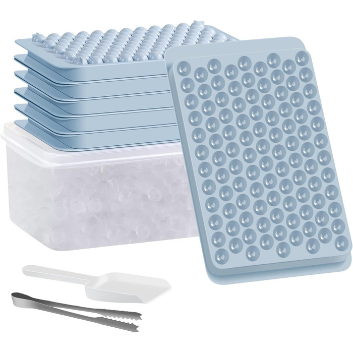 Mini ice cube trays for freezer, 5 pack, small ice cube mold with lid and trash can, 104x5 pieces, tiny crushed ice cube mold, round ice cube mold, coffee juice, Blue