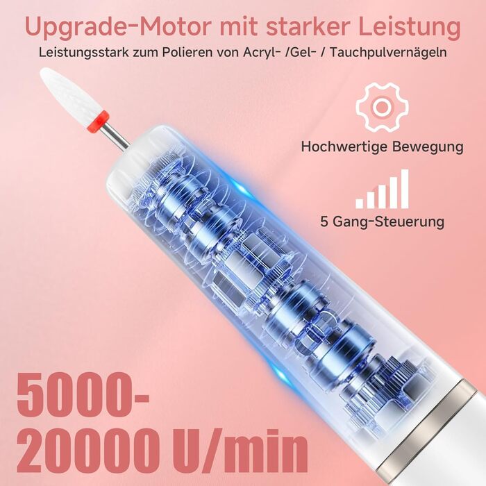 Електрична фрезер для нігтів 12 в 1 - Набір для манікюру з 5 швидкостями, 20000 об/хв, для гелю, акрилу та натуральних нігтів (білий)