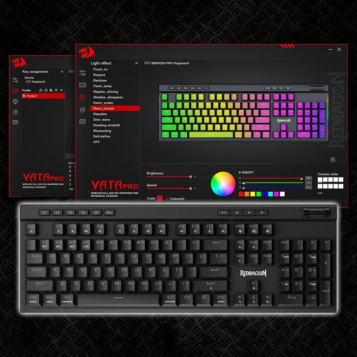 Redragon K580 PRO - Бездротова ігрова механічна клавіатура RGB з 104 клавішами, Hot-Swap, макро-запис та лінійними червоними перемикачами