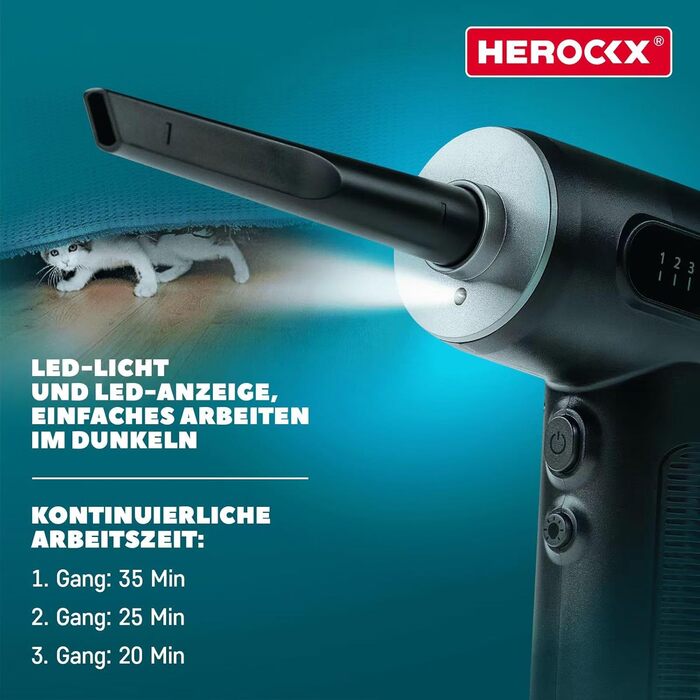 Електричний пилосос-фен HEROCKX, 3 швидкості, LED-ліхтар, акумулятор 2000mAh, зарядка Type-C, для чищення ноутбука, авто