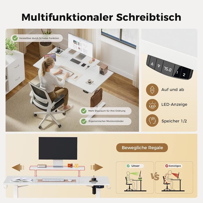 Електричний регульований стіл Agilestic з підсвічуванням, USB-портом та мобільним тримачем монітора. Комп'ютерний стіл з 3-секційною стільницею (білий, 120 x 60 см)