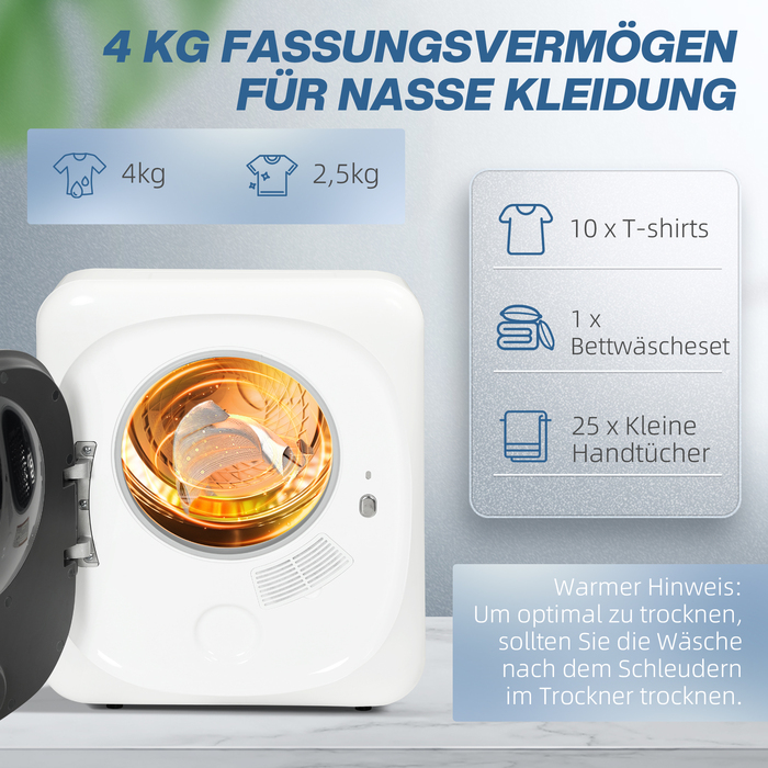HOMCOM 4 kg Vented Clothes Dryer with Disinfection, Deodorization, Smart Mode, Dryer with Stainless Steel Tub, Front Loader, for Apartment, House, RV, White | Aosom