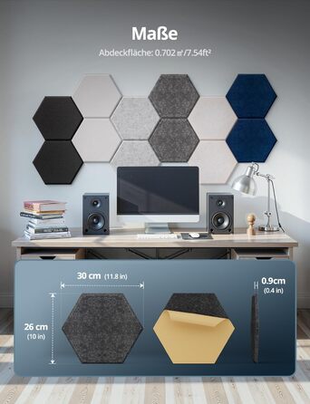 Акустичні гексагональні панелі самоклеючі для звукоізоляції, 12 шт, поглинач шуму для студії, вітальні, геймерської кімнати та офісу, 30 x 26 x 0,9 см (Темно-сірий)