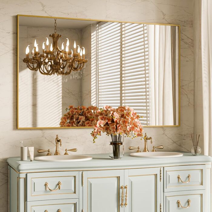 Дзеркало настінне прямокутне BEAUTYPEAK 81x61 см з металевим каркасом, безпечне для ванної кімнати, спальні, вітальні (Золотий)