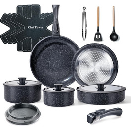 Набір посуду Chef Power 19-ти частинний з керамічним покриттям, знімний ручка, для індукції, сумісний з духовкою, антипригарний, чорний Rock Stone