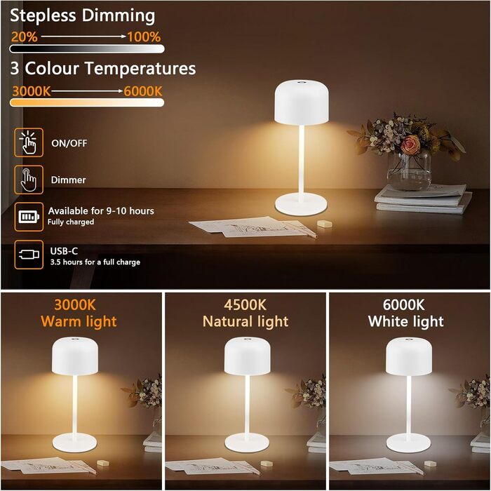 Акумуляторний світлодіодний настільний світильник Klighten з димером, чорний, алюміній, IP54, 21см. 3 кольори світла (3000K-6000K), USB-C, комплект 2 шт.