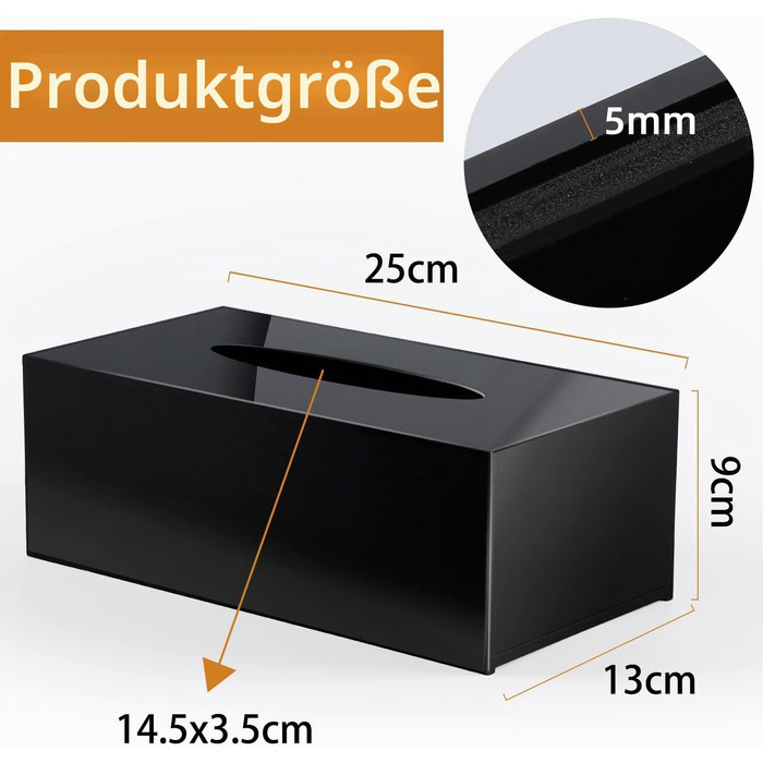 Коробка для серветок ручної роботи з акрилу, чорна, 25×13×9 см
