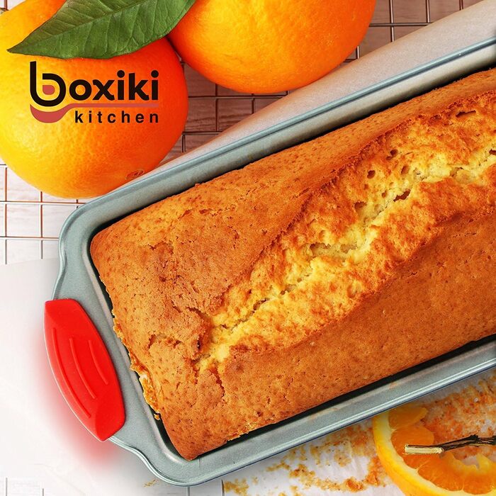 Loaf Pan - Premium Non-Stick Loaf Pan Made of Steel by Boxiki Kitchen | Professional Non-Stick Baking Pan for Baking Banana Bread, Meatloaf, and Pound Cake | 21.5 x 11.5 cm, with Red Silicone Grips